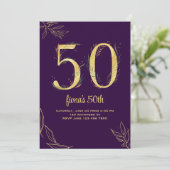 Gold Paars 50 en Fabulous Birthday Invitations Aankondiging (Staand voorkant)