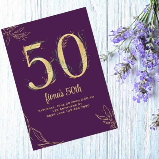 Gold Paars 50 en Fabulous Birthday Invitations Aankondiging