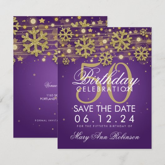 Gold Paars 50th Birthday Save Date Winter Kaart (Voorkant / Achterkant)