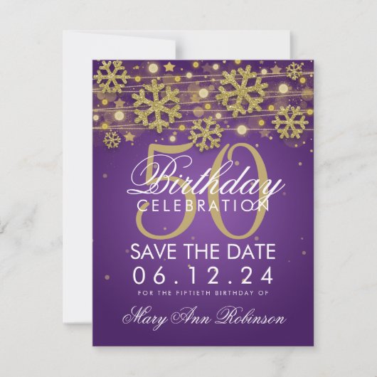 Gold Paars 50th Birthday Save Date Winter Save The Date (Voorkant)