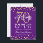Gold Paars 70th Birthday Save Date Confetti Save The Date<br><div class="desc">Het elegante "70th Birthday Party"-ontwerp met Gold Faux Glitter Confetti Paars en op maat gesneden tekst en details. Eenvoudig te gebruiken en eenvoudig aan te passen. Bestel vandaag nog!</div>