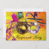 GOLD PAARS DAMASK FEATHER MASK Masquerade Party Kaart (Voorkant)