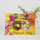 GOLD PAARS DAMASK FEATHER MASK Masquerade Party Kaart (Staand voorkant)