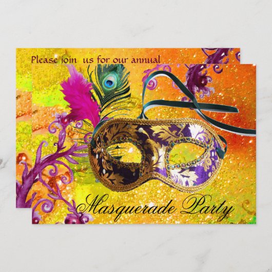 GOLD PAARS DAMASK FEATHER MASK Masquerade Party Kaart (Voorkant / Achterkant)