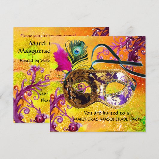 GOLD PAARS DAMASK FEATHER MASK Masquerade Party Kaart (Voorkant / Achterkant)