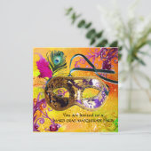 GOLD PAARS DAMASK FEATHER MASK Masquerade Party Kaart (Staand voorkant)