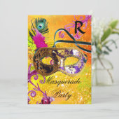 GOLD PAARS DAMASK FEATHER MASK Masquerade Party Kaart (Staand voorkant)
