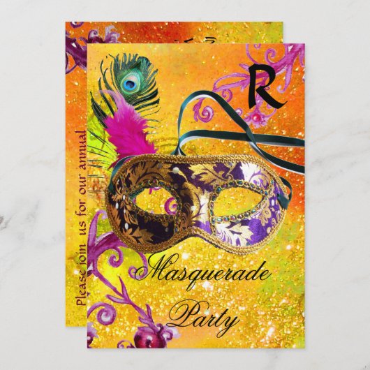 GOLD PAARS DAMASK FEATHER MASK Masquerade Party Kaart (Voorkant / Achterkant)