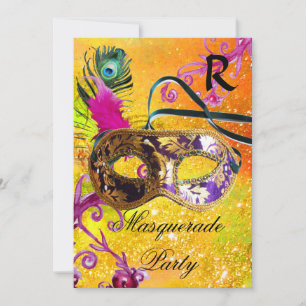 GOLD PAARS DAMASK FEATHER MASK Masquerade Party Kaart