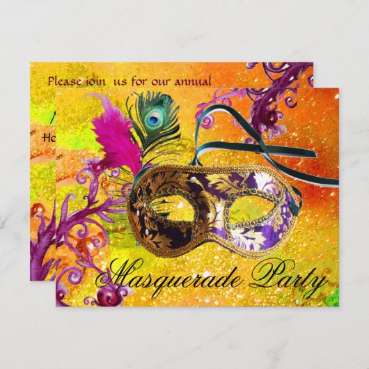 GOLD PAARS DAMASK FEATHER MASK Masquerade Party Kaart (Voorkant / Achterkant)