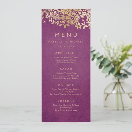 Gold paars elegant  huwelijksmenu menu (Staand voorkant)