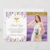 Gold Paars Floral RN Nursing Afstuderen Foto Bedankkaart (Voorkant)