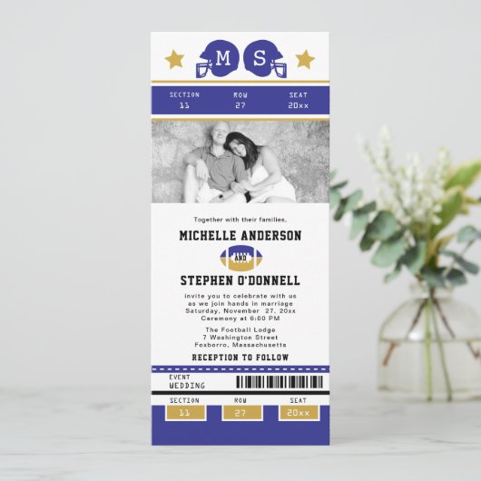 Gold Paars Football Ticket Wedding Invite Kaart (Staand voorkant)
