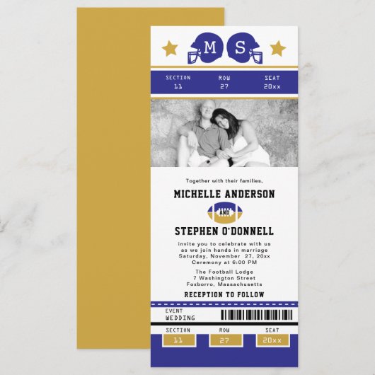 Gold Paars Football Ticket Wedding Invite Kaart (Voorkant / Achterkant)