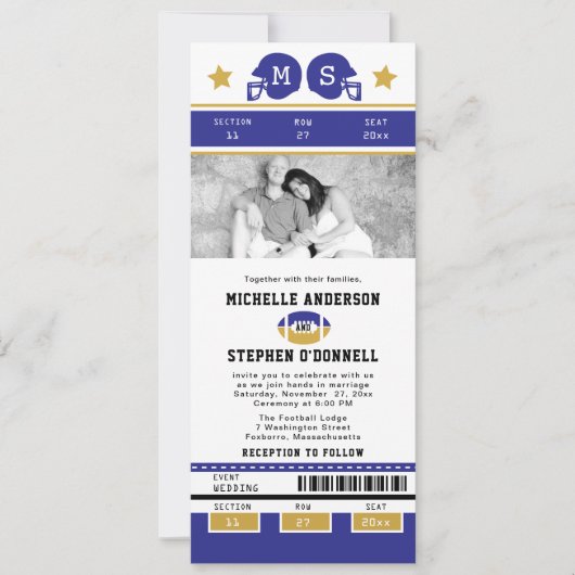 Gold Paars Football Ticket Wedding Invite Kaart (Voorkant)