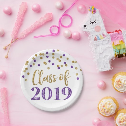 Gold Paars Glitter Confetti Afstuderen 2019 Papieren Bordje (Feest)