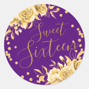Gold Paars Sweet 16 Birthday Floral Glitter Ronde Sticker