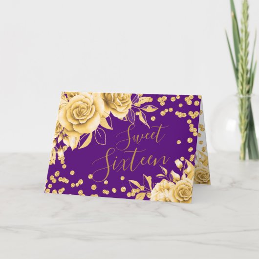 Gold Paars Sweet 16 Glitter Confetti Floral Feestdagen Kaart (Voorkant)