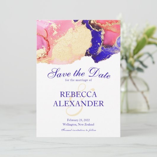Gold Paarse Agate Wedding Save The Date (Staand voorkant)