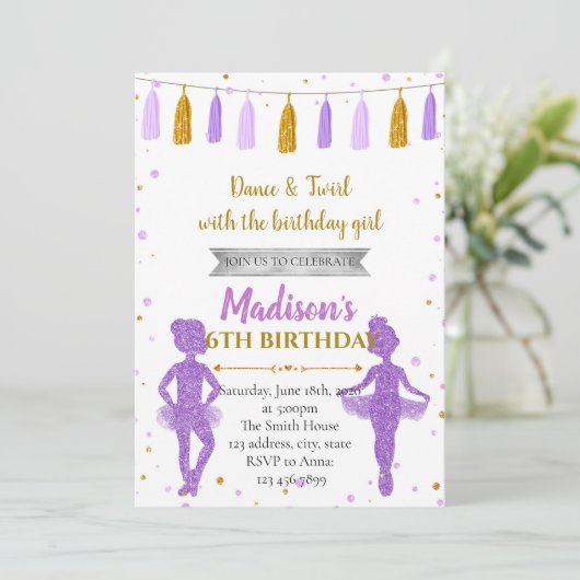 Gold paarse ballerina party-uitnodiging kaart (Staand voorkant)