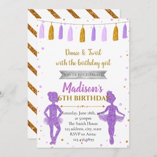 Gold paarse ballerina party-uitnodiging kaart (Voorkant / Achterkant)