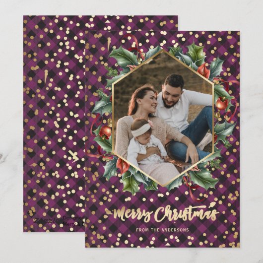 Gold Paarse Buffalo-fotokerstkaarten Feestdagenkaart (Voorkant / Achterkant)