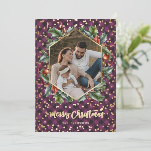 Gold Paarse Buffalo-fotokerstkaarten Feestdagenkaart (Staand voorkant)