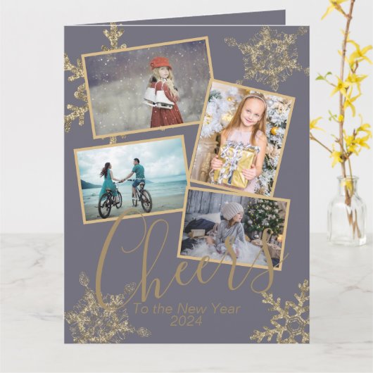 Gold Paarse Cheers op nieuwjaarsfoto Kaart (Gele Bloem)