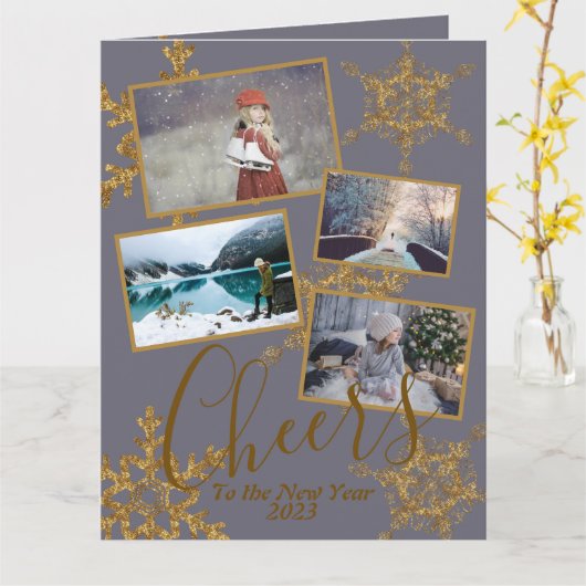 Gold Paarse Cheers op nieuwjaarsfoto Kaart (Gele Bloem)