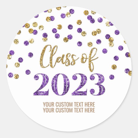 Gold Paarse Confetti Afstuderen 2023 Ronde Sticker (Voorkant)