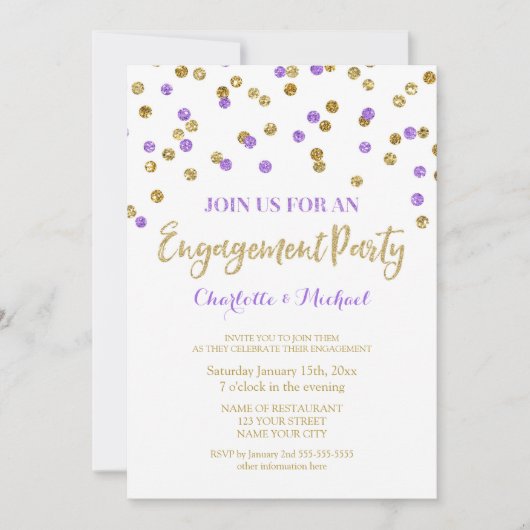 Gold Paarse Confetti Engagement Party Kaart (Voorkant)
