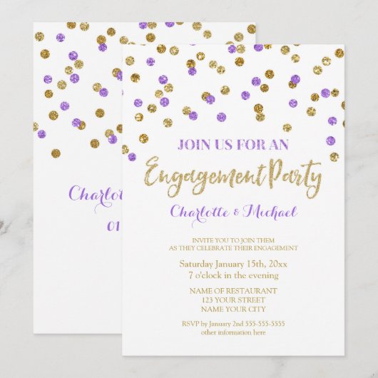 Gold Paarse Confetti Engagement Party Kaart (Voorkant / Achterkant)