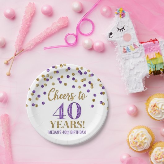 Gold Paarse Confetti tot 40 jaar verjaardag Papieren Bordje (Feest)