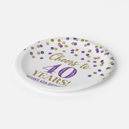 Gold Paarse Confetti tot 40 jaar verjaardag Papieren Bordje (Gekanteld)