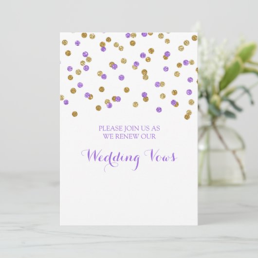Gold Paarse Confetti Vow Renewal Uitnodiging (Staand voorkant)