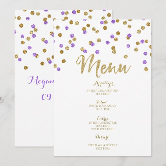 Gold Paarse Confetti Wedding Menu (Voorkant / Achterkant)