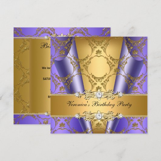 Gold Paarse Damask Floral Elegant Birthday Party Kaart (Voorkant / Achterkant)