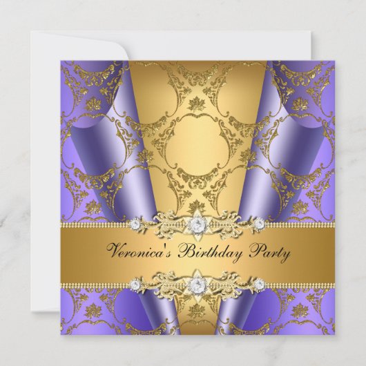 Gold Paarse Damask Floral Elegant Birthday Party Kaart (Voorkant)