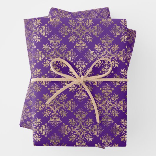 Gold Paarse Damask Inpakpapier Vel (In situ)