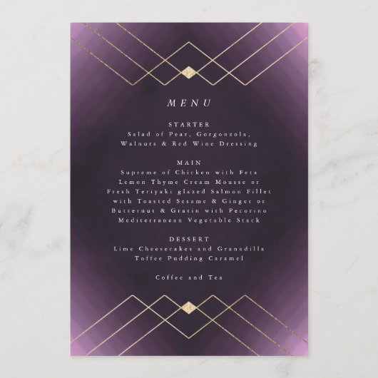 Gold Paarse Elegance Diamond Geo Deco Wedding Menu (Voorkant)