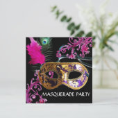 GOLD PAARSE FEATHER DAMASK MASK Masquerade Party Kaart (Staand voorkant)