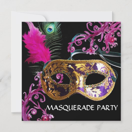 GOLD PAARSE FEATHER DAMASK MASK Masquerade Party Kaart (Voorkant)