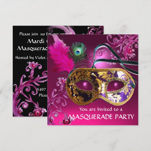 GOLD PAARSE FEATHER DAMASK MASK Masquerade Party Kaart (Voorkant / Achterkant)