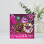 GOLD PAARSE FEATHER DAMASK MASK Masquerade Party Kaart (Staand voorkant)