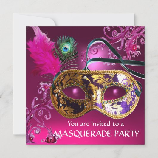 GOLD PAARSE FEATHER DAMASK MASK Masquerade Party Kaart (Voorkant)