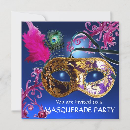 GOLD PAARSE FEATHER DAMASK MASK Masquerade Party Kaart (Voorkant)