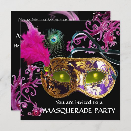 GOLD PAARSE FEATHER DAMASK MASK Masquerade Party Kaart (Voorkant / Achterkant)