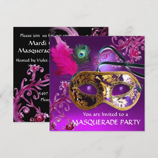 GOLD PAARSE FEATHER DAMASK MASK Masquerade Party Kaart (Voorkant / Achterkant)