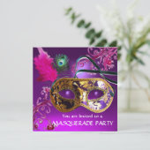 GOLD PAARSE FEATHER DAMASK MASK Masquerade Party Kaart (Staand voorkant)