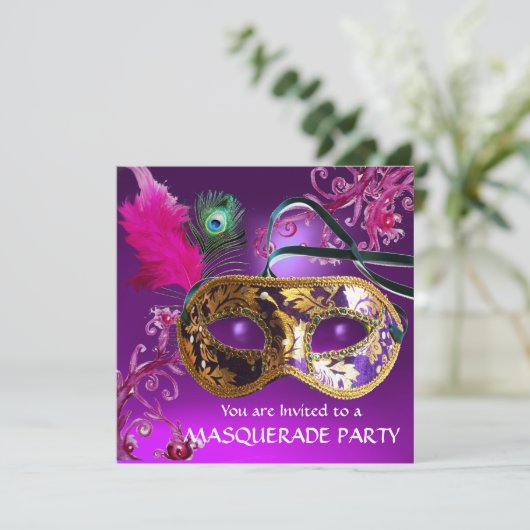 GOLD PAARSE FEATHER DAMASK MASK Masquerade Party Kaart (Staand voorkant)